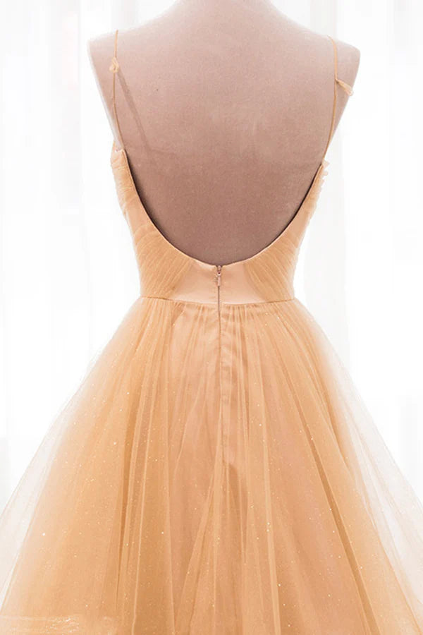 Wholesale Gold V-Neck Tulle Long Prom Dress A-Line Evening Dress